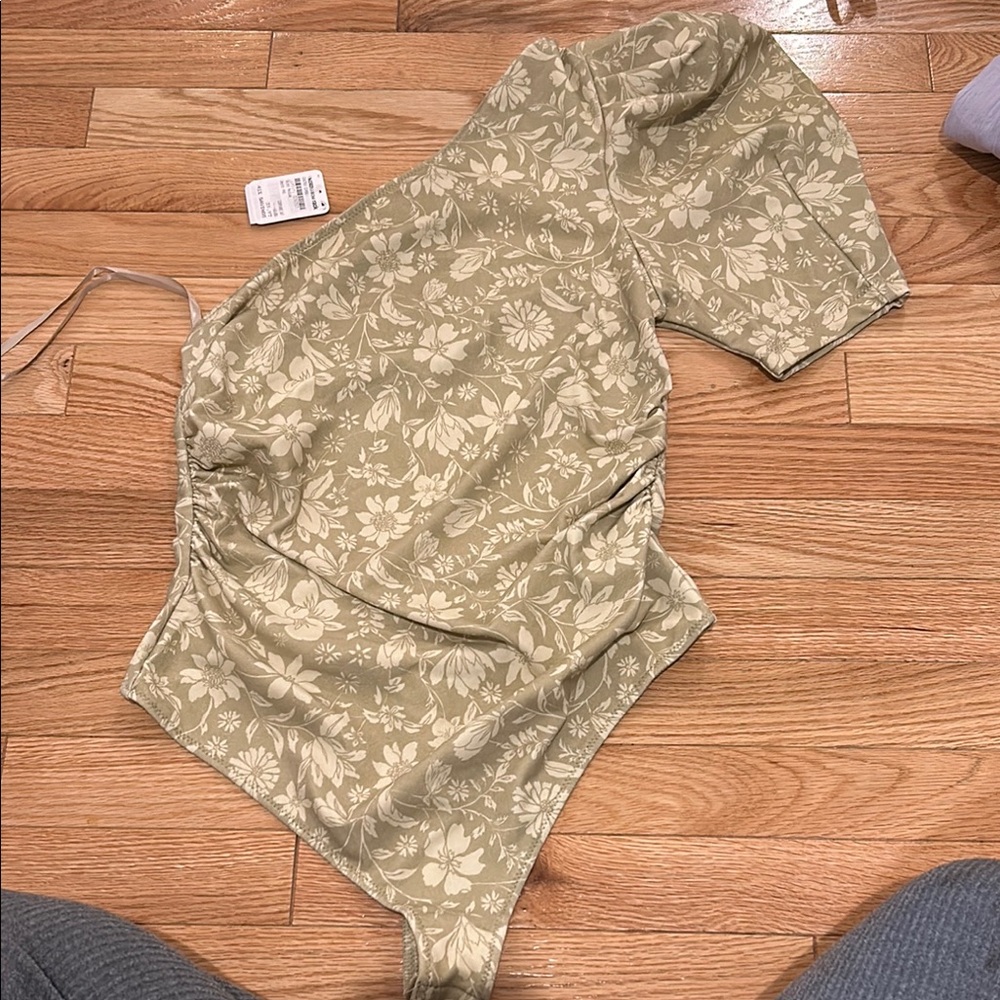 Free People Tan and Cream Asymmetrical Ruched Bodysuit